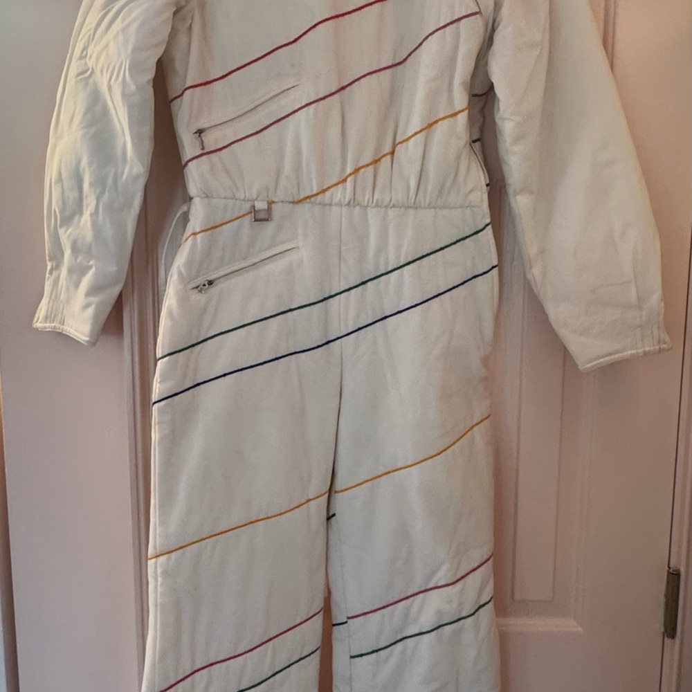 Vintage Bogner White Ski Suit with Colorful Stripes